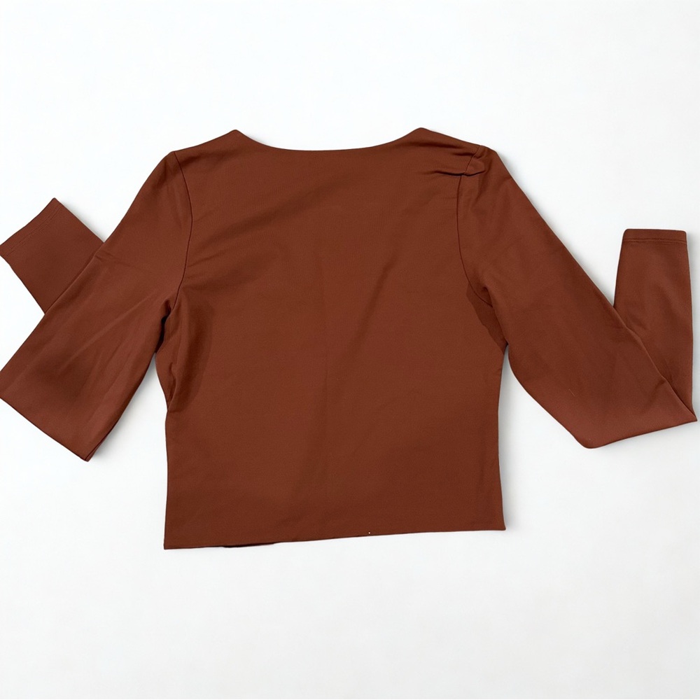 Aritzia Babaton Brown V-Neck Cropped Long Sleeve Top Size L Normcore Basics - Picture 2 of 7